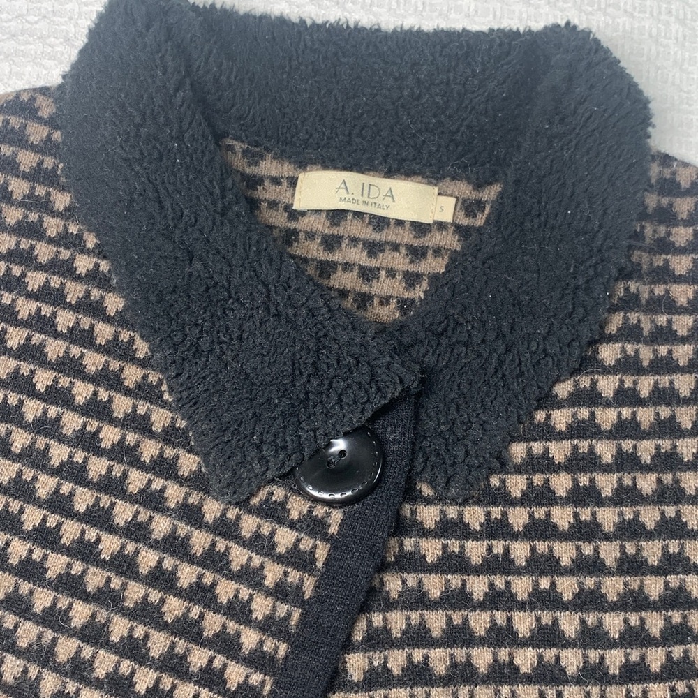A Ida Made in Italy tan & black houndstooth cardigan w/faux fur collar SZ Small - Picture 4 of 8